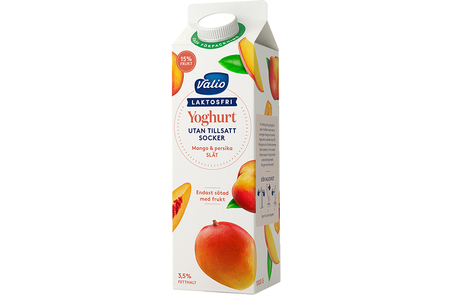 Valio Laktosfri yoghurt tan tillsatt socker mango persika